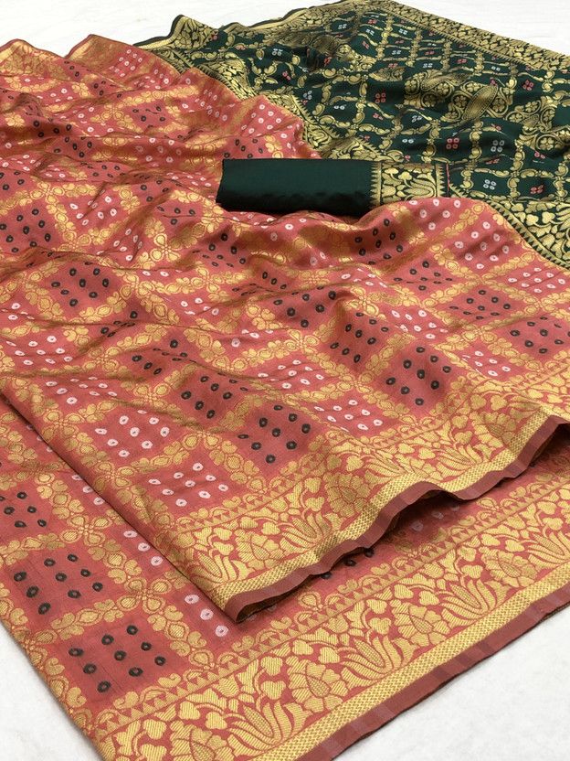 Checkered Bandhani Art Silk Saree  (Pink)