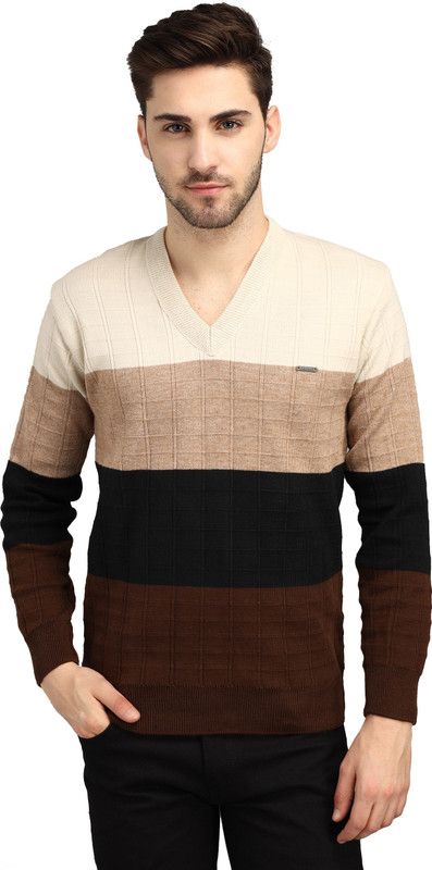 Men Colorblock V Neck Brown Sweater