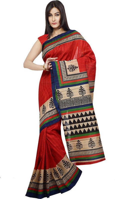 Printed Bhagalpuri Cotton Blend Saree  (Red)