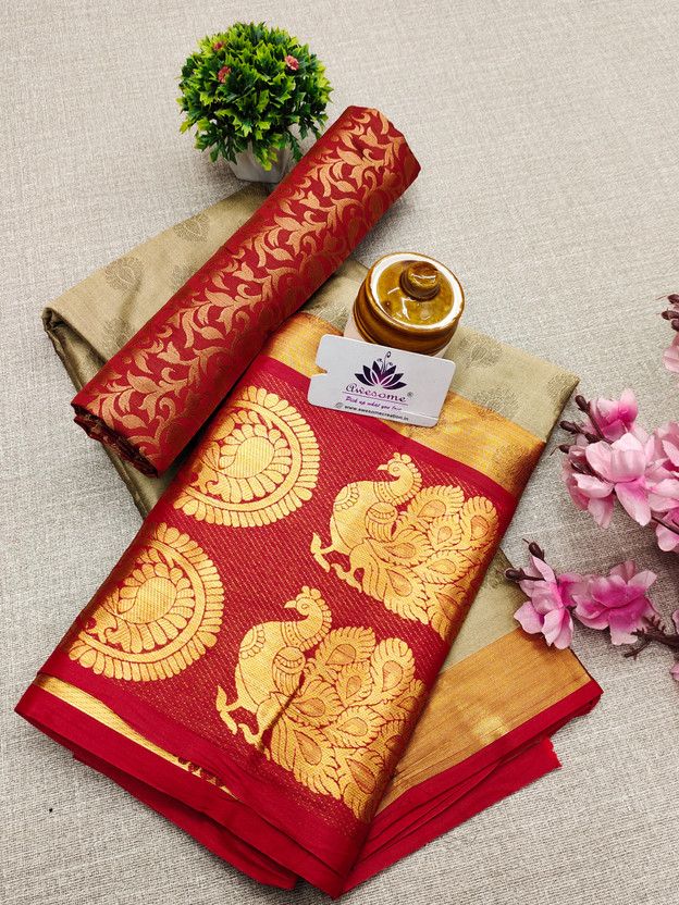 Woven Dharmavaram Cotton Silk Saree  (Beige)