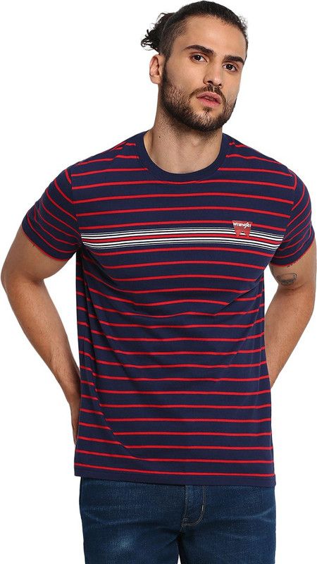 Men Striped Round Neck Pure Cotton Blue T-Shirt