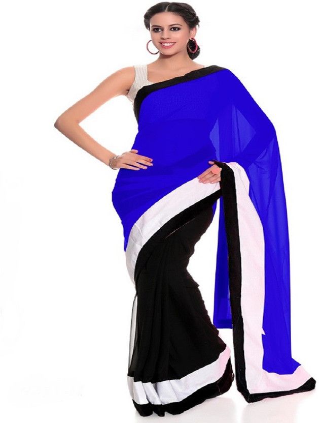 Solid/Plain Bollywood Handloom Chiffon Saree  (Blue, Black)