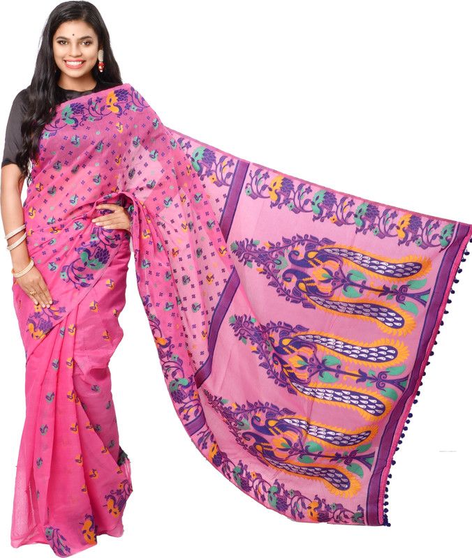 Self Design Handloom Cotton Linen Saree  (Blue, Pink)