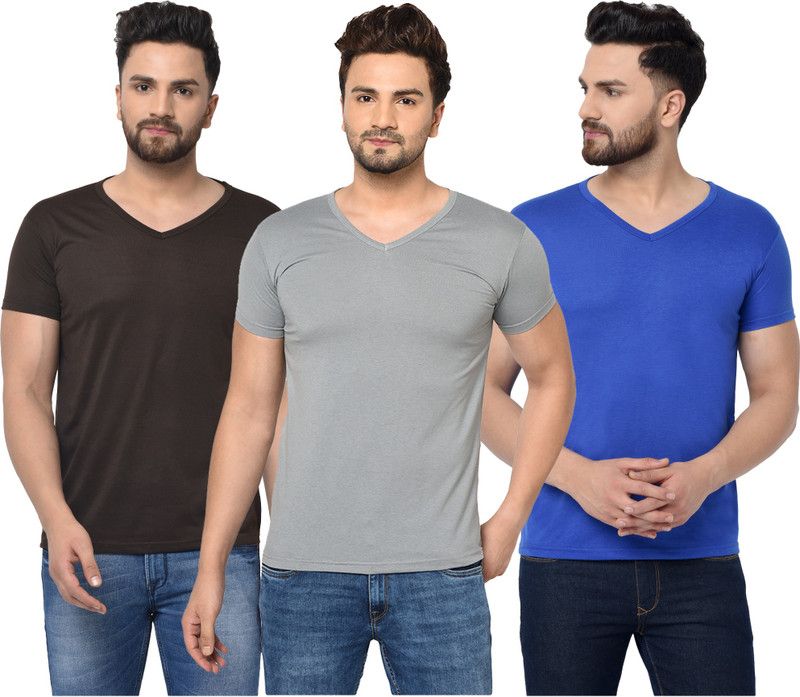Pack of 3 V neck Combo T-shirts Men Solid V Neck Cotton Blend Brown, Blue, Grey T-Shirt