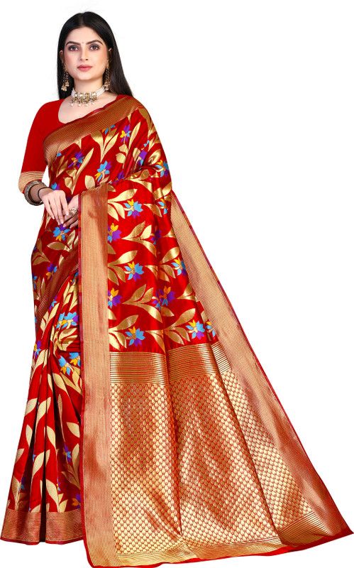 Self Design Bollywood Cotton Linen, Cotton Silk Saree  (Gold, Red)