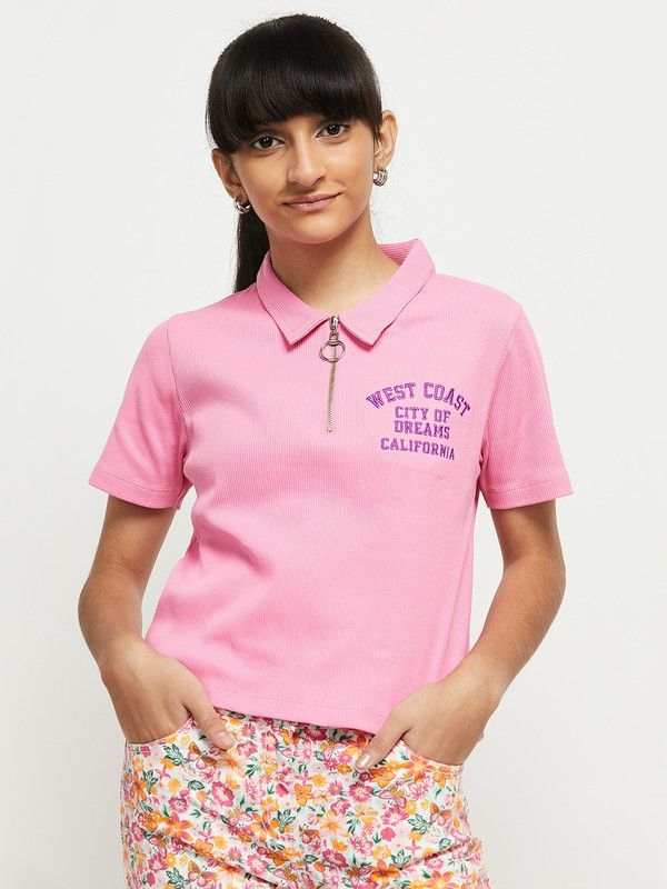 Girls Embroidered Pure Cotton T Shirt  (Pink, Pack of 1)