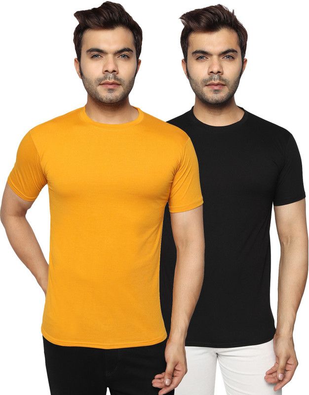 Solid Men Maroon, Yellow T-Shirt  (Pack of 2)