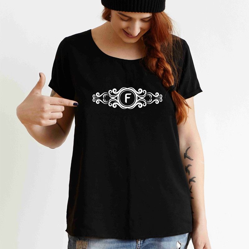 White Vinyl F Alphabat.jpg Printed L Size Women Typography Round Neck Cotton Blend Black T-Shirt