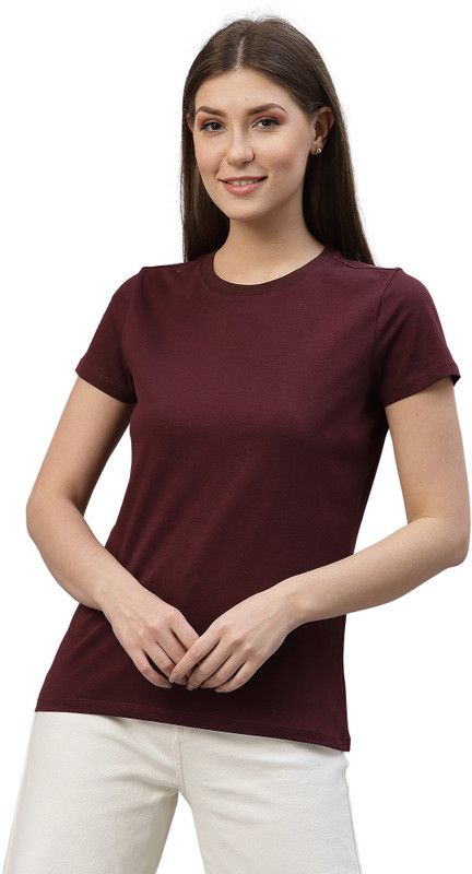 Womens Cotton Regular Fit Half Sleeve Solid T-Shirt (Wine) Women Solid Round Neck Pure Cotton Maroon T-Shirt
