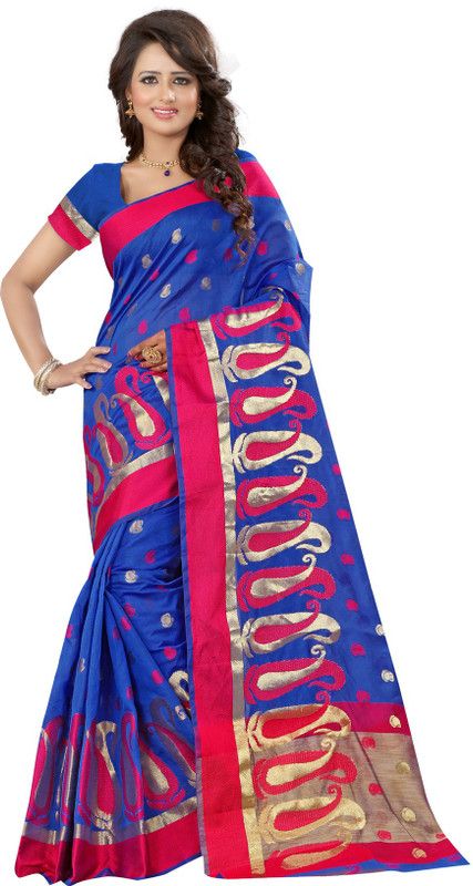 Self Design Chanderi Handloom Cotton Blend Saree  (Blue)
