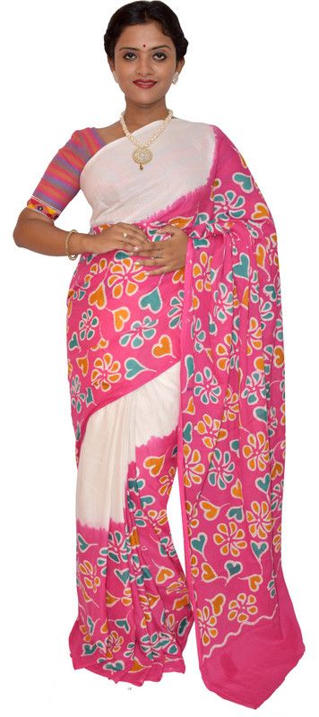 Hand Painted Hand Batik Handloom Pure Cotton Saree  (White, Pink)