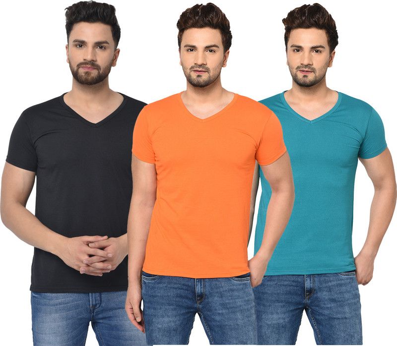 Pack of 3 V Neck T-Shirt Combo of 3 Men Solid V Neck Cotton Blend Blue, Black, Orange T-Shirt