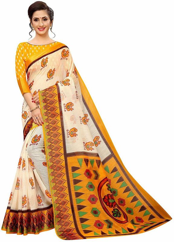 Digital Print Bollywood Cotton Linen Saree  (Mustard)