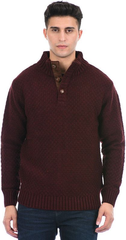 Men Self Design High Neck Maroon Sweater