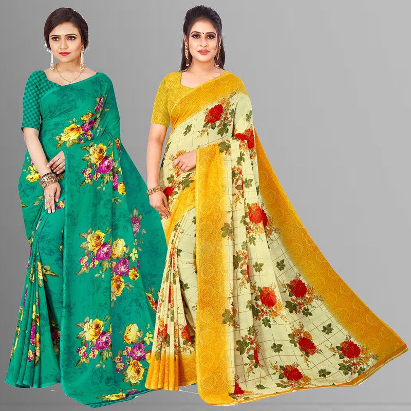 Floral Print Daily Wear Georgette Saree  (Pack of 2, Dark Green)