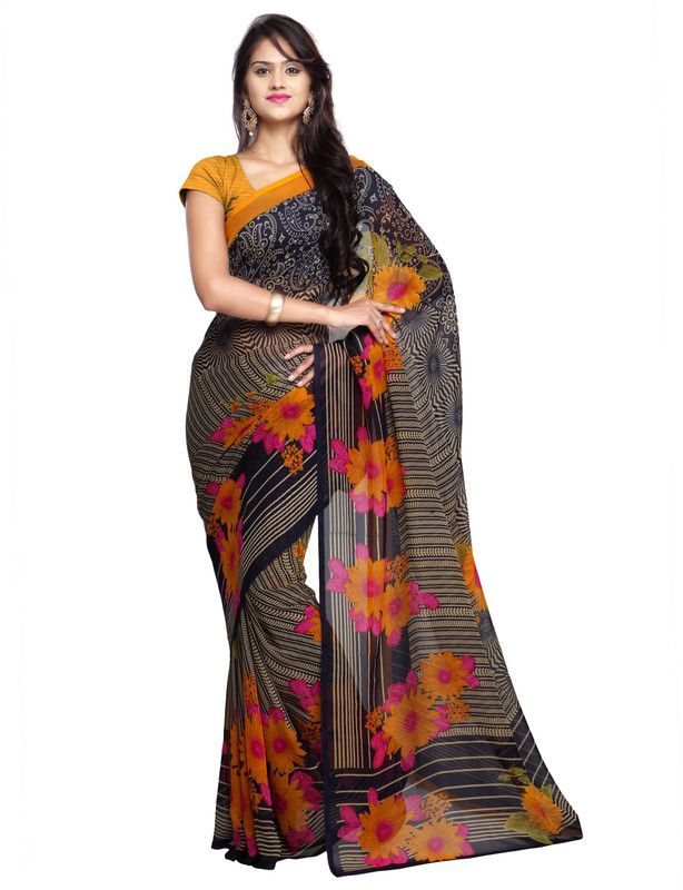 Printed Daily Wear Handloom Georgette Saree  (Dark Blue)