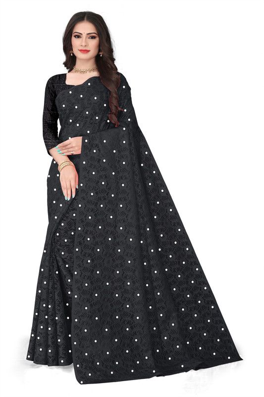 Polka Print Bollywood Net Saree  (Black)