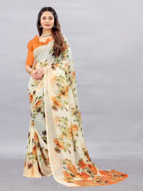 Floral Print Daily Wear Georgette Saree  (White, Orange)