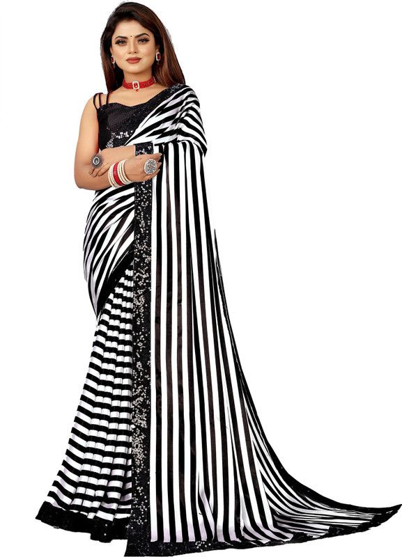 Bollywood Satin Saree  (Black, White)