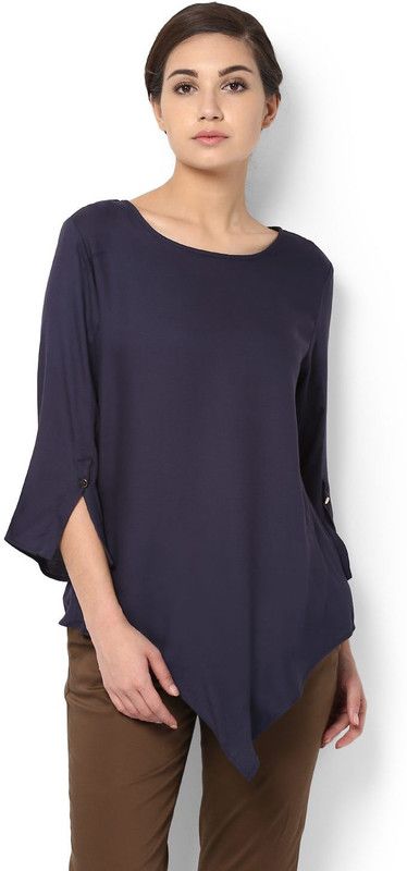 Casual Slit Sleeves Solid Women Dark Blue Top