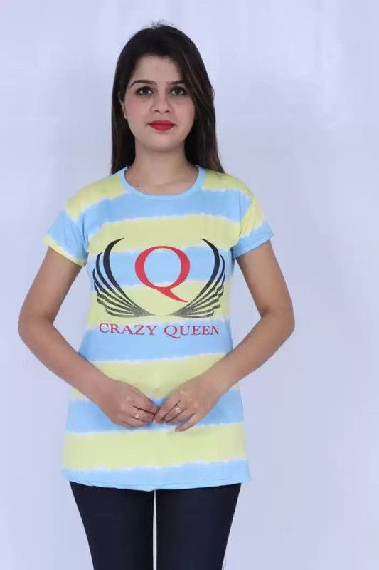 Women Striped Round Neck Cotton Blend Light Blue, Yellow T-Shirt
