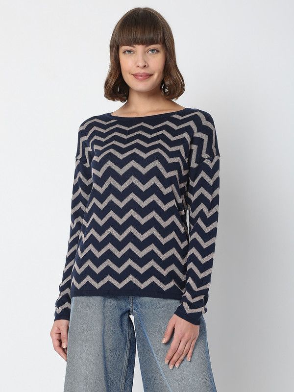 Women Chevron/Zig Zag Boat Neck Blue Sweater