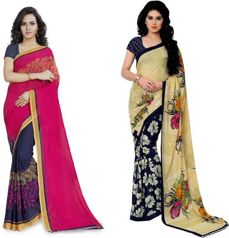 Printed Daily Wear Georgette Saree  (Pack of 2, Pink, Beige)
