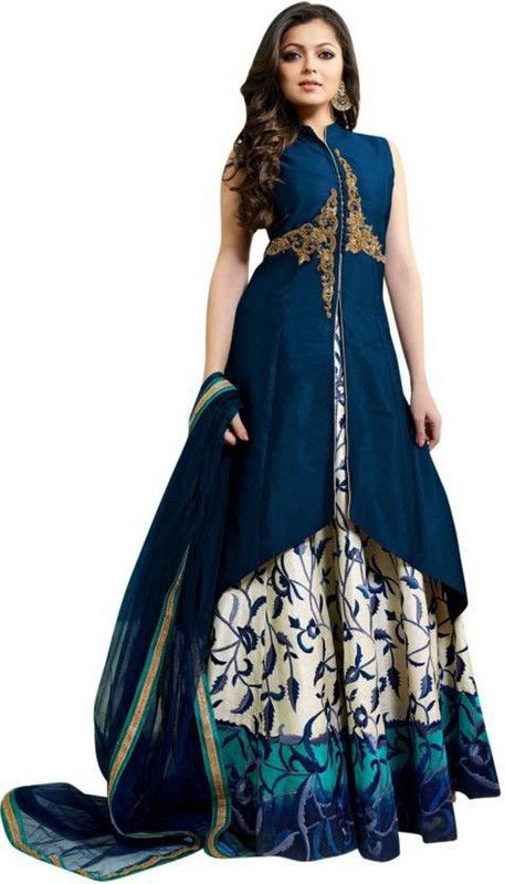 Printed, Embroidered Georgette Semi Stitched Flared/A-line Gown  (Blue)