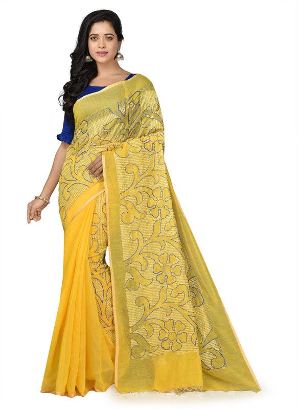 Embroidered Handloom Cotton Silk Saree  (Yellow)