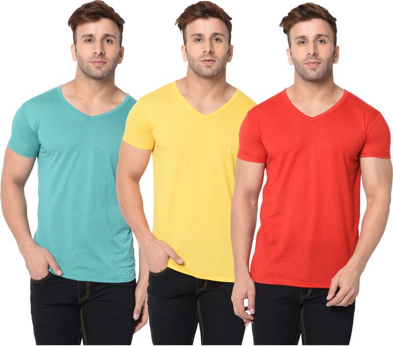 Pack of 3 Men Solid V Neck Cotton Blend Red, Light Green, Yellow T-Shirt