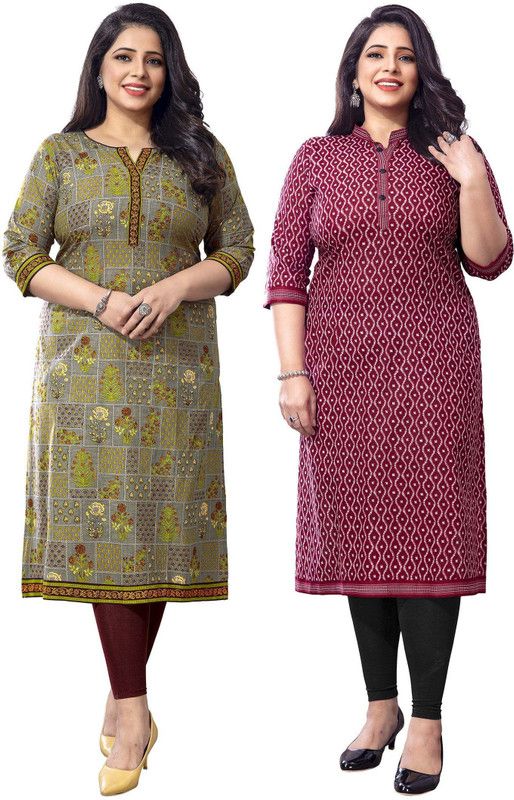 Pack of 2 Women Geometric Print, Floral Print Pure Cotton Straight Kurta  (Pink, Grey)