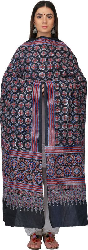 Cotton Blend Geometric Print, Floral Print Multicolor, Black Women Dupatta
