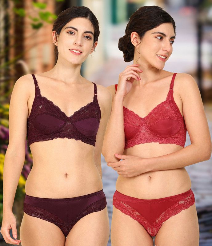 Bra & Panty Set Self Design Maroon, Red Lingerie Set