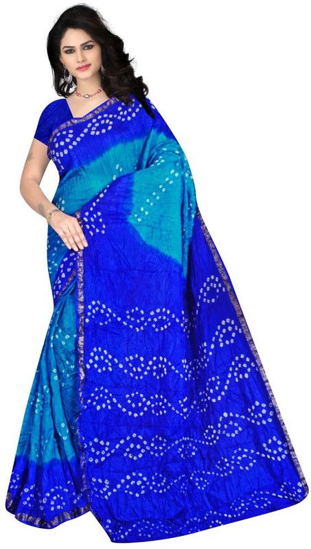 Bandhani Cotton Silk Saree  (Light Blue)