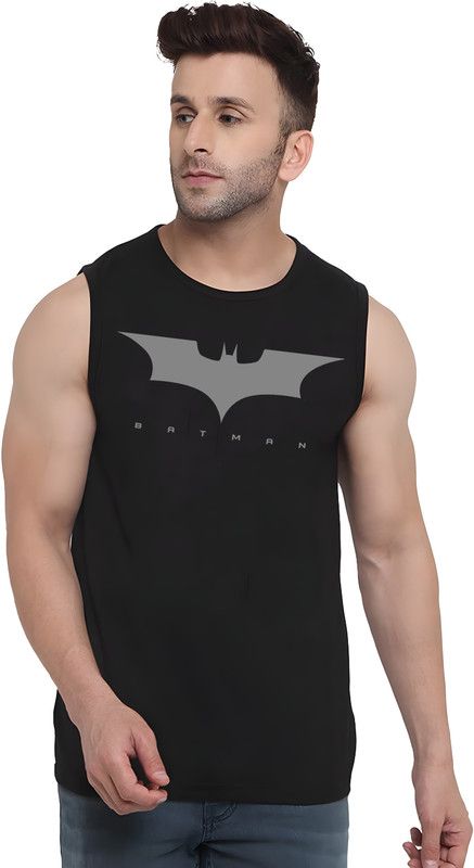 Gym Tank Top Batman Men Printed, Superhero Round Neck Pure Cotton Black T-Shirt