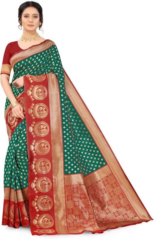 Woven Dharmavaram Jacquard, Art Silk Saree  (Green)