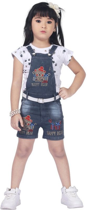 Dungaree For Girls Casual Embroidered Denim  (Black, Pack of 1)