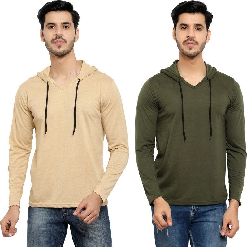 Pack of 2 HMT Men Solid Hooded Neck Cotton Blend Dark Green, Beige T-Shirt