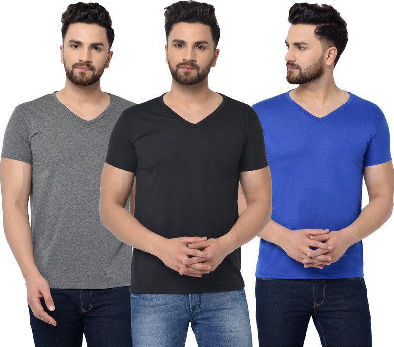 Pack of 3 V neck Combo T-shirts Multicolor Men Solid V Neck Cotton Blend Blue, Black, Grey T-Shirt