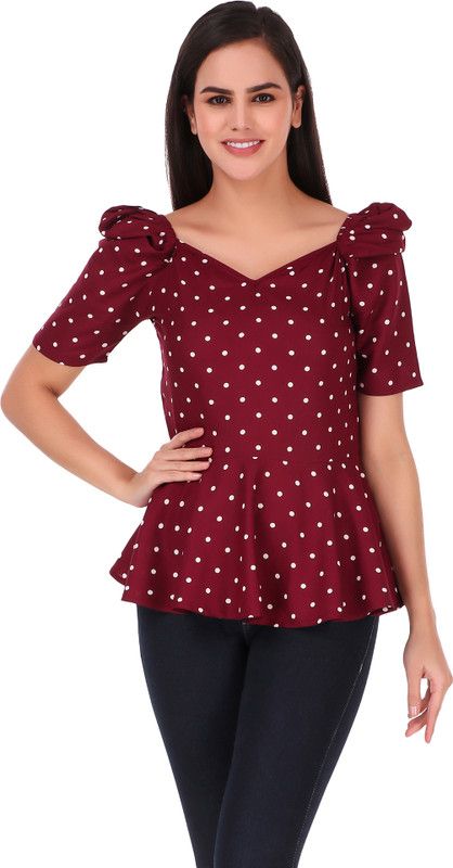 Casual Puff Sleeves Polka Print Women Maroon Top