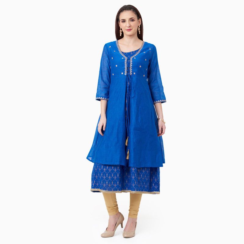 Pack of 2 Women Embroidered Chanderi Flared Kurta  (Blue)
