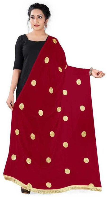 Chiffon Self Design, Embroidered, Solid Maroon Women Dupatta
