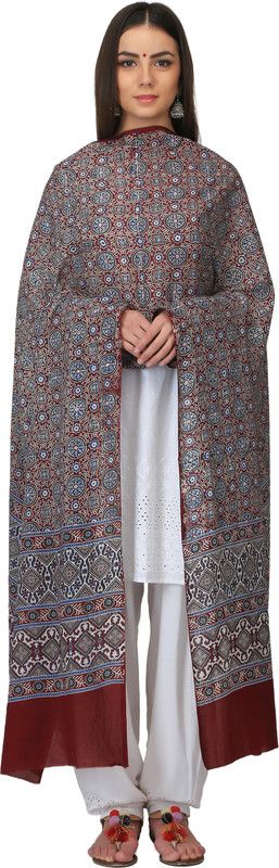 Cotton Blend Geometric Print, Floral Print Multicolor, Maroon Women Dupatta