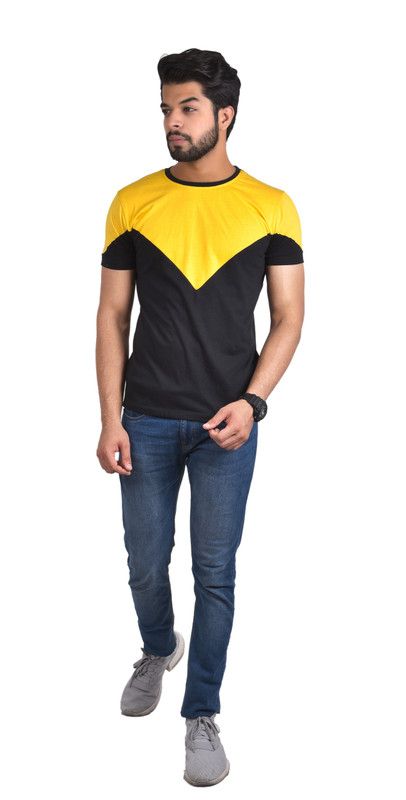 Karari Men Colorblock V Neck Cotton Blend Black, Yellow T-Shirt