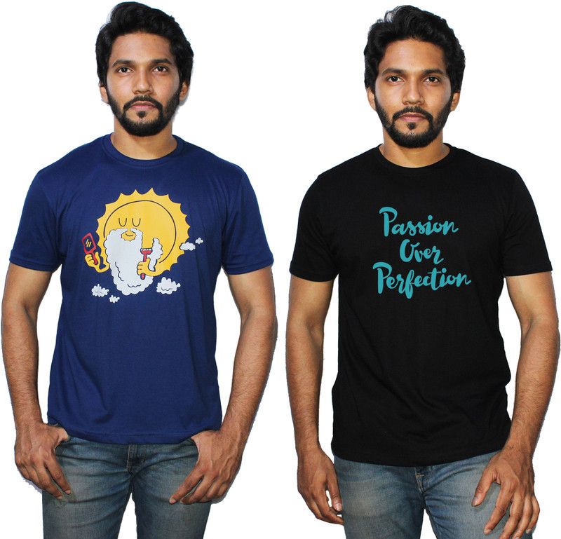 Pack of 2 Men Graphic Print Round Neck Pure Cotton Dark Blue, Black T-Shirt