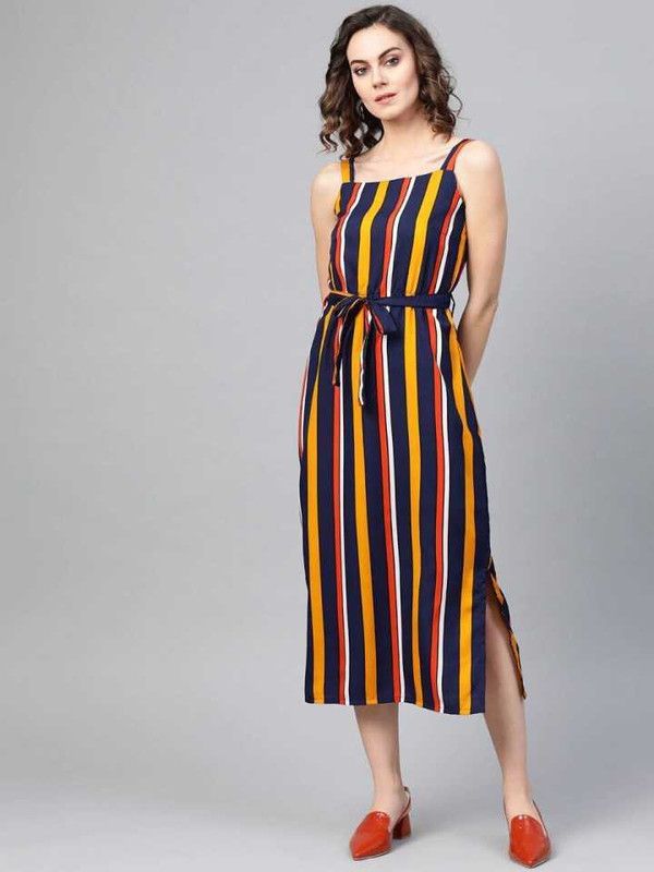 Women A-line Blue, Yellow Dress
