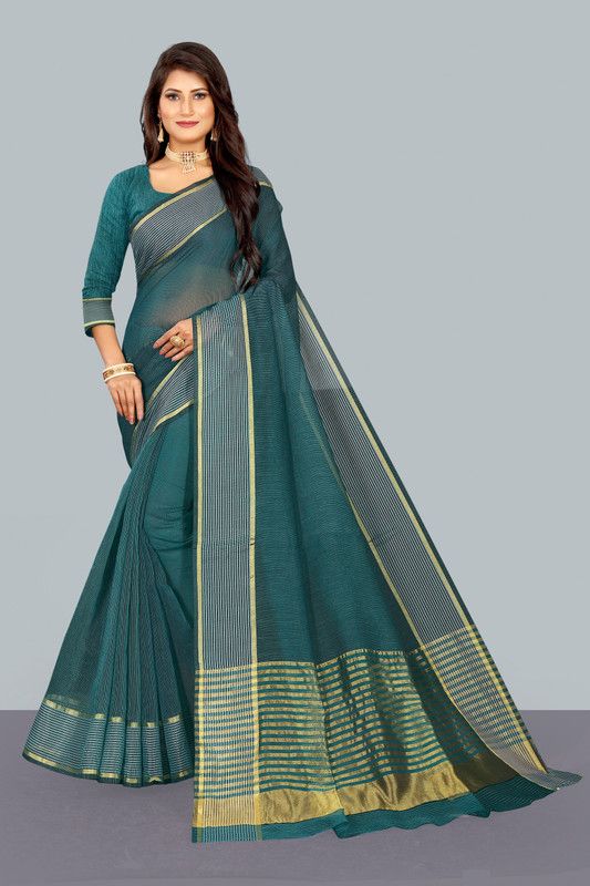 Striped Maheshwari Silk Blend Saree  (Dark Green)