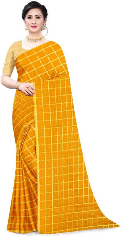 Checkered Chanderi Nylon Saree  (Yellow)