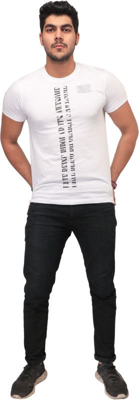 Men's White Printed Tshirt Men Typography Round Neck Cotton Blend White T-Shirt