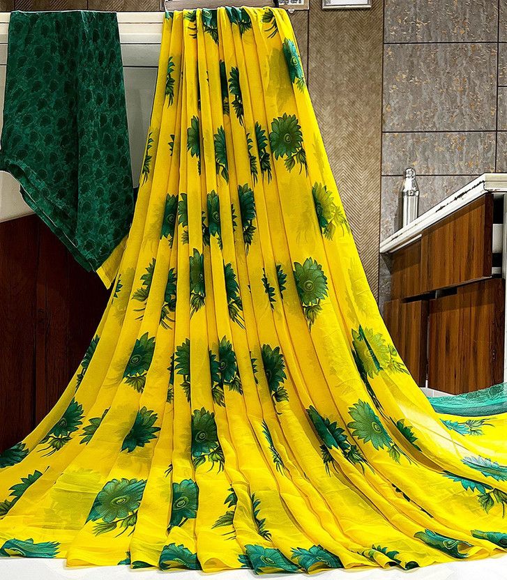 Printed, Animal Print, Applique, Digital Print, Geometric Print, Hand Painted, Ombre, Woven Jamdani Georgette, Chiffon Saree  (Pack of 2, Dark Green, Yellow)